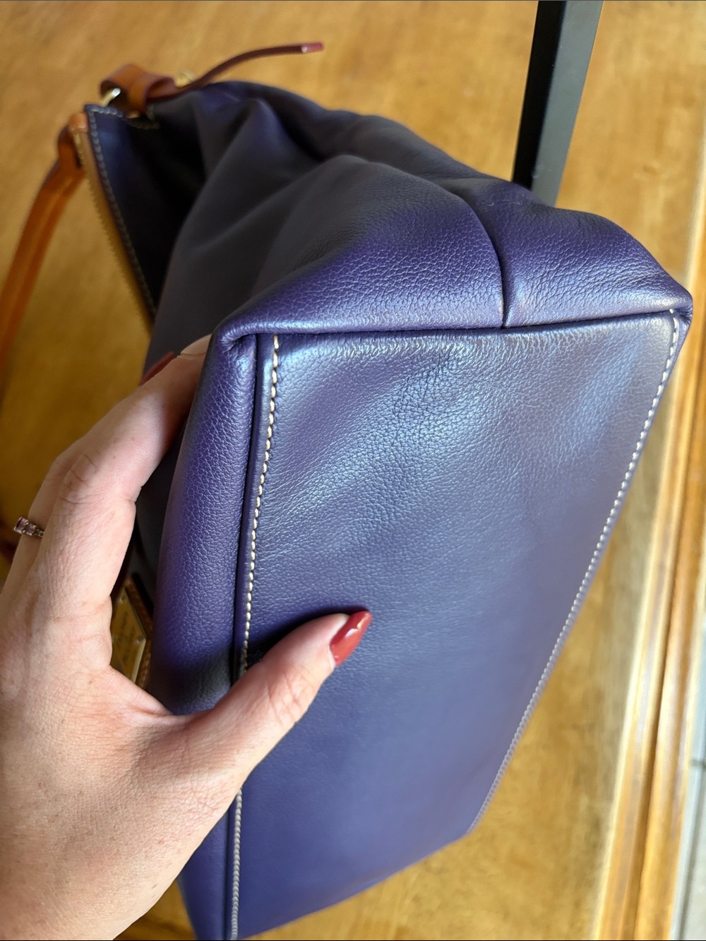 Dooney & Bourke Plum small Sloan pebbled Leather Shoulder Hobo with Tan Trim - Picture 5 of 9